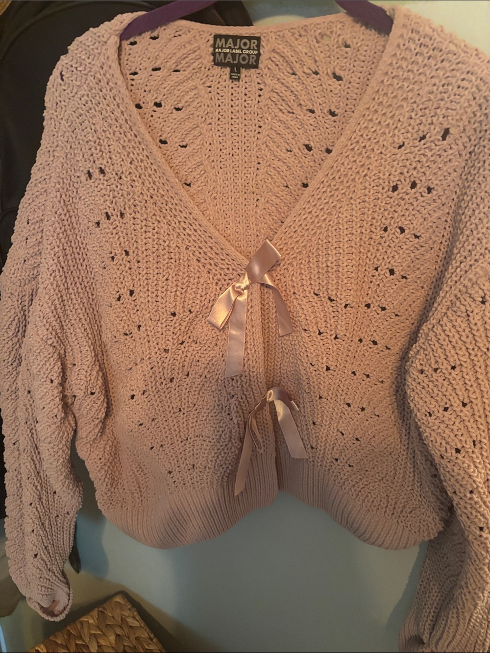 Blush Open-Knit Cardigan Sweater with ribbon bow buttons